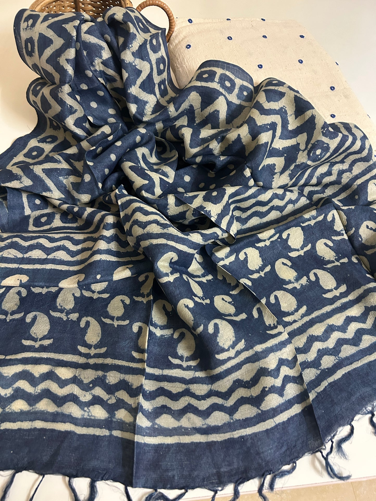 Tussar Silk Indigo Natural Dye Dupatta with Kala Cotton Mirror Work Kurta Set