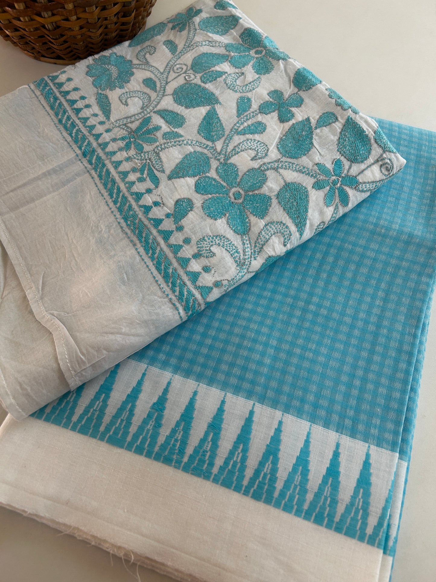 Handmade Kantha Dupatta & Woven Temple Border Kurta Set (Aqua & White)