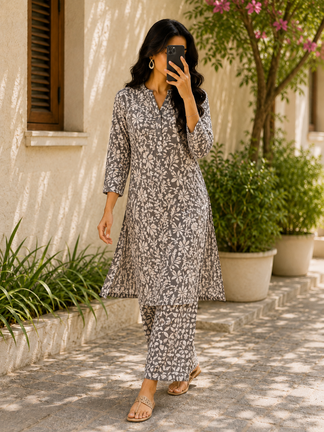 Kashish Premium Natural Dyed Handblock Cotton Kurta with Geometrical Handblock Cotton Bottom