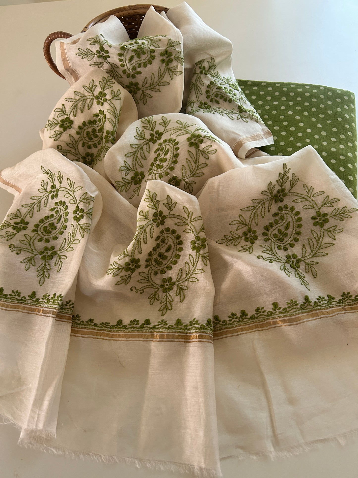 Chikankari Chanderi Silk Dupatta with Natural Dye Slub Cotton Kurta Set