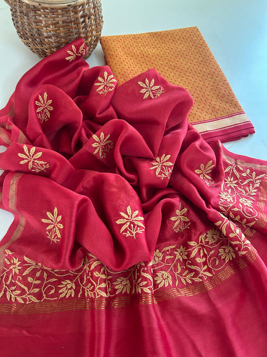 Chikankari Dupatta in Ruby Red Chanderi Silk with Mustard Gold Khun Handloom Cotton Kurta Set