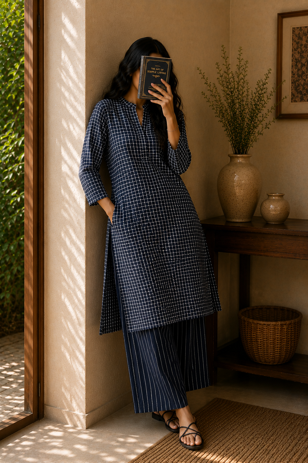 Premium Slub Cotton Checks Kurta with Matching Striped Bottom