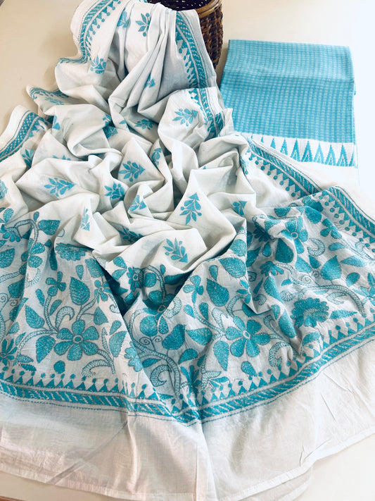 Handmade Kantha Dupatta & Woven Temple Border Kurta Set (Aqua & White)