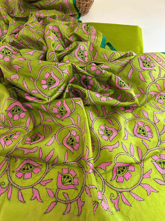 Kantha Tussar Silk Dupatta in Lime Olive & Dusty Pink with Silk Kurta Set
