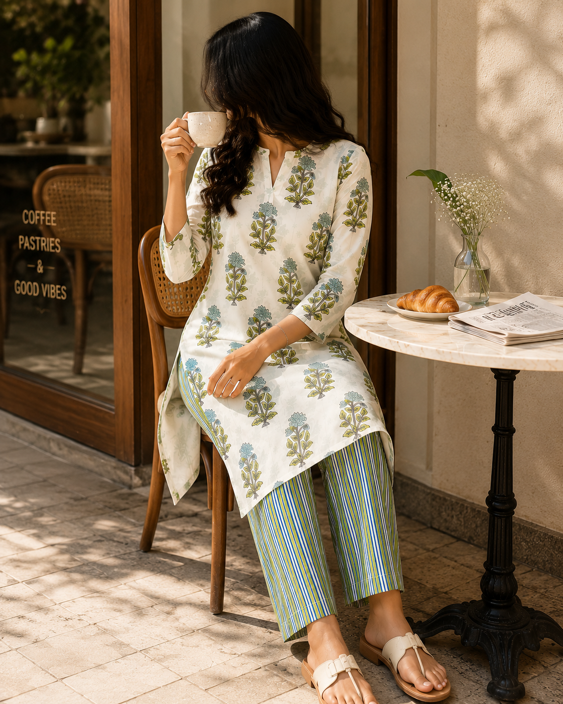 Premium Mulmul Handblock Cotton Kurta with Double Stripe Cotton Bottom