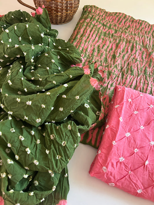 Green & Pink Leheriya Bandhani Cotton Suit Fabric Set