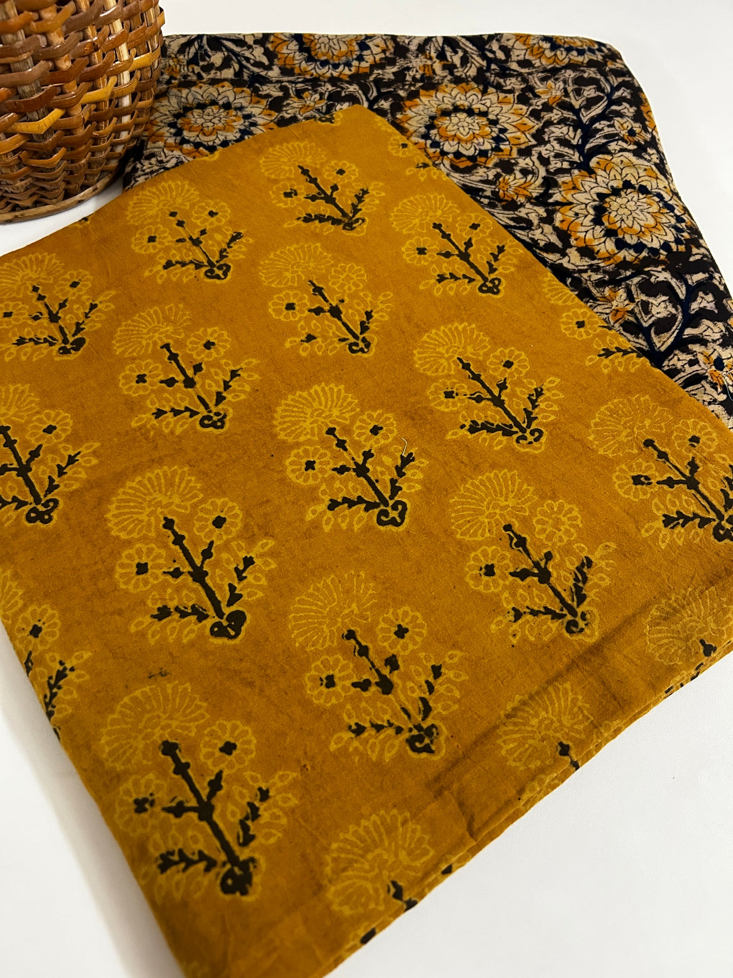 Natural Dyed Handblock Cotton Kurta with Kalamkari Bottom – Mustard Yellow