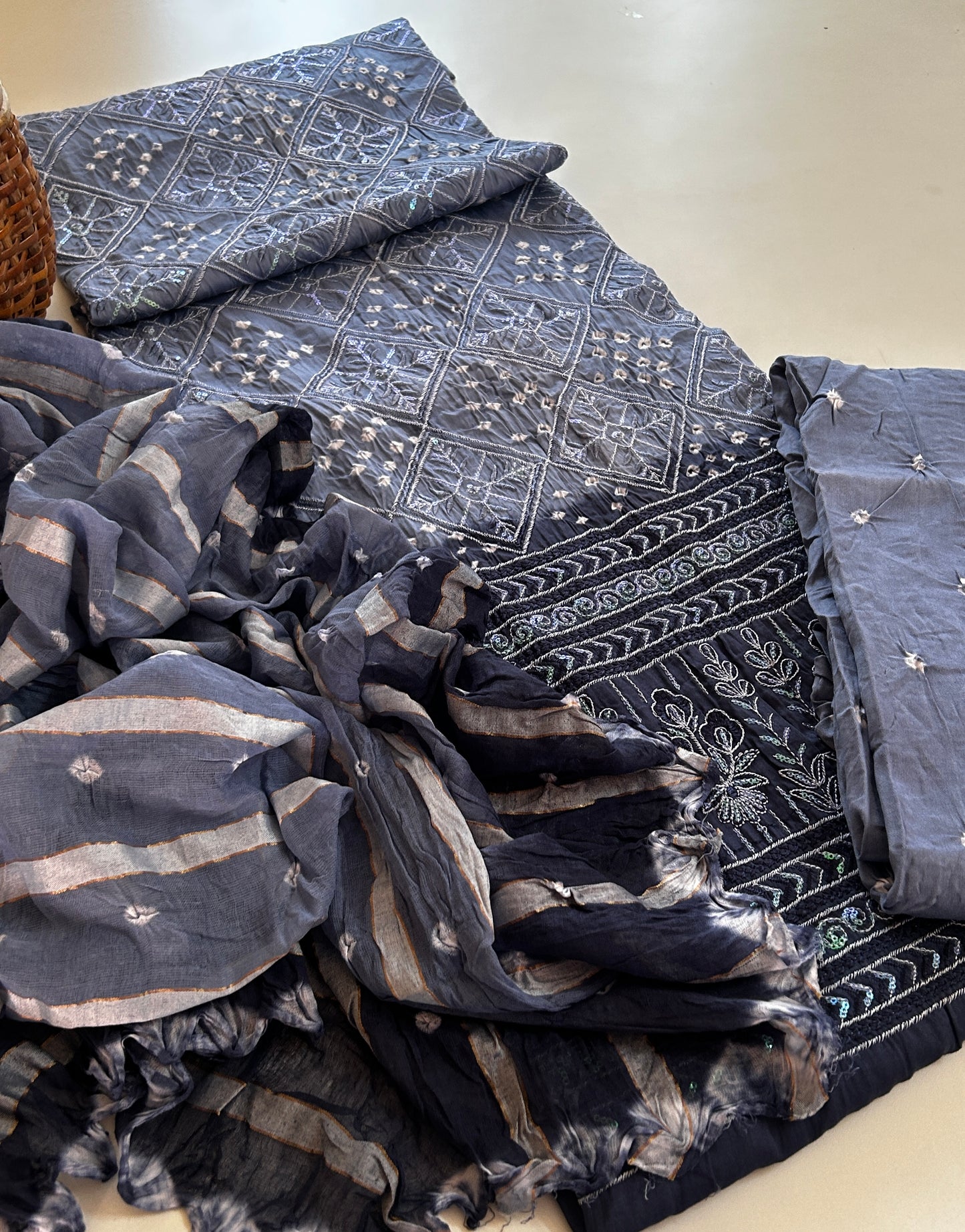 Slate Blue Mul Cotton Bandhani Kurta Set with Leheriya Stole