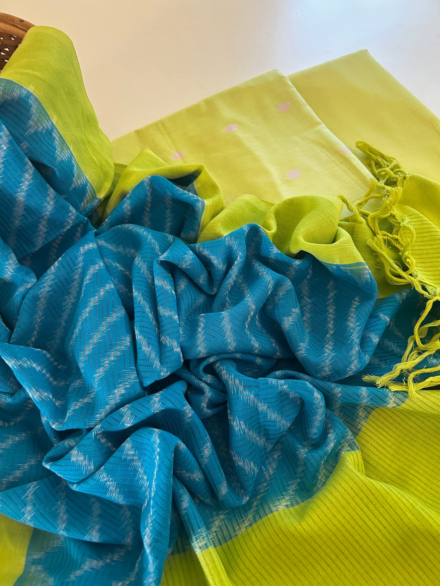 Lime Green Handloom Cotton Kurta & Bottom Set with Blue Ikat Dupatta