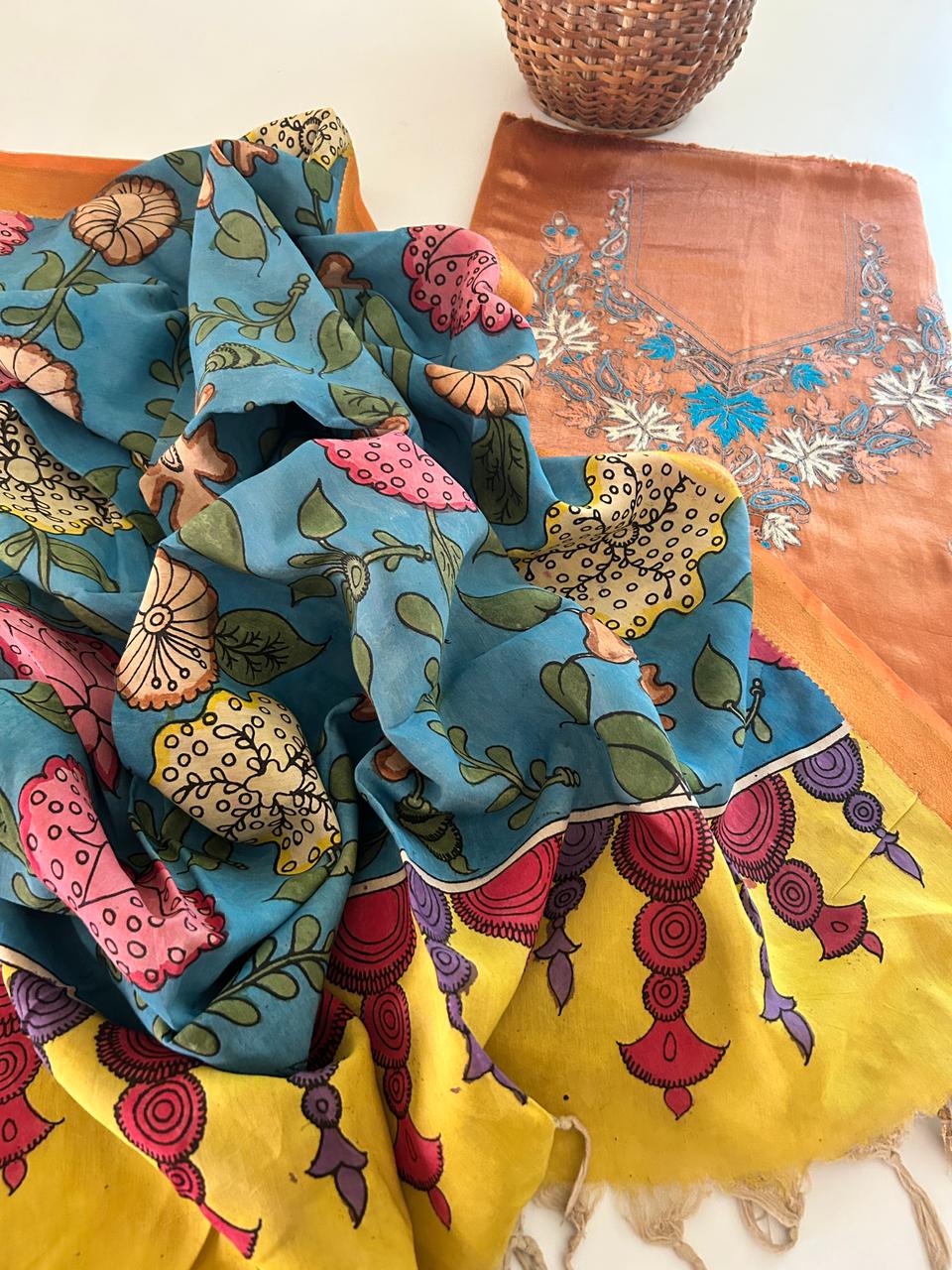 Kashmiri Embroidered Musuru Silk Kurta with Pen Kalamkari Silk Dupatta