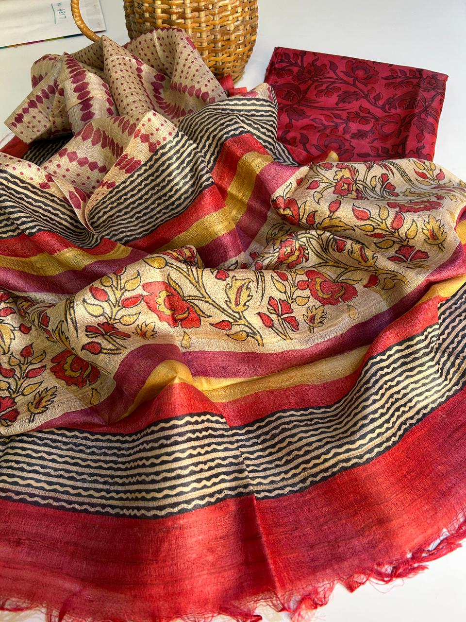 Tussar Silk Kurta with Handblock Tussar Dupatta