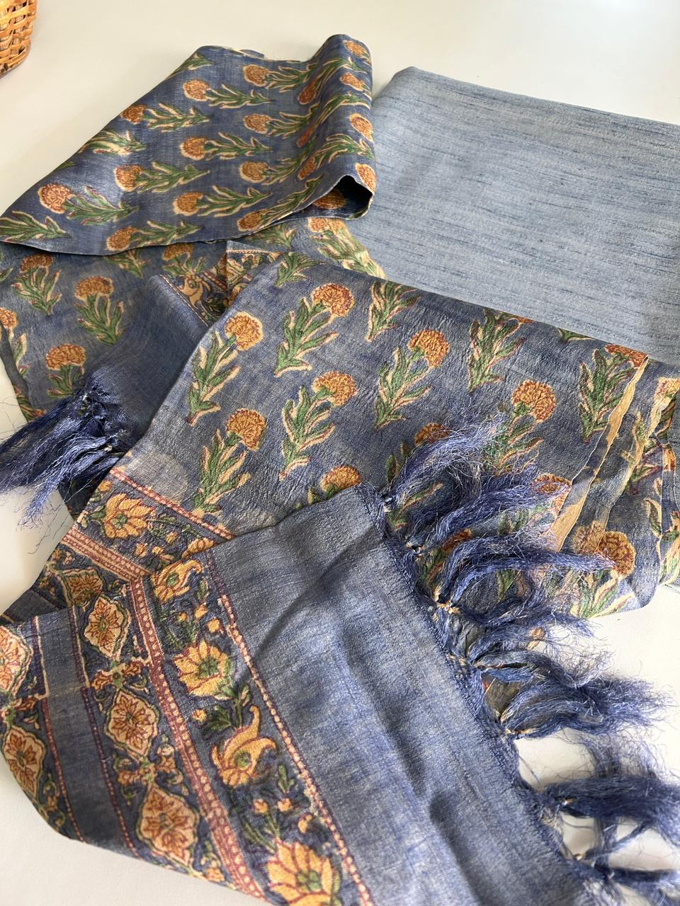 Handloom Silk Kurta with Tussar Silk Handblock Dupatta