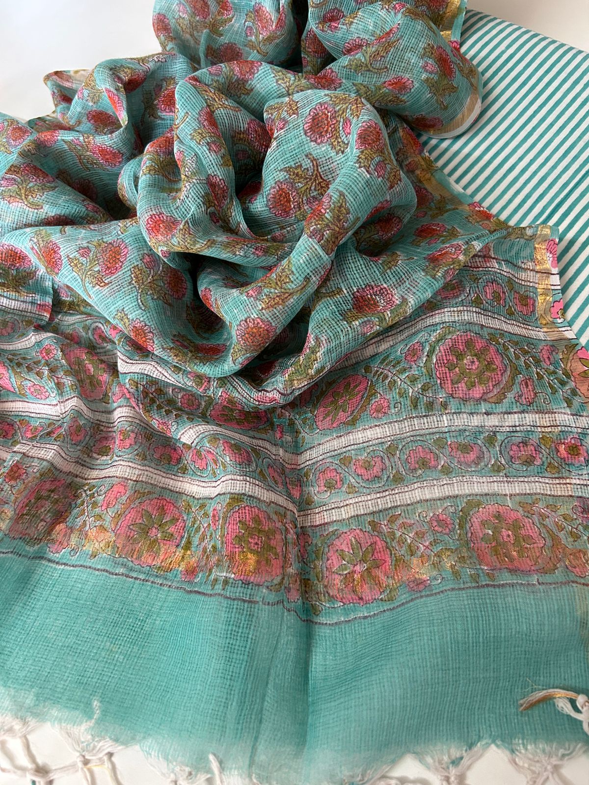 Handblock Stripe Set with Kota Doria Dupatta