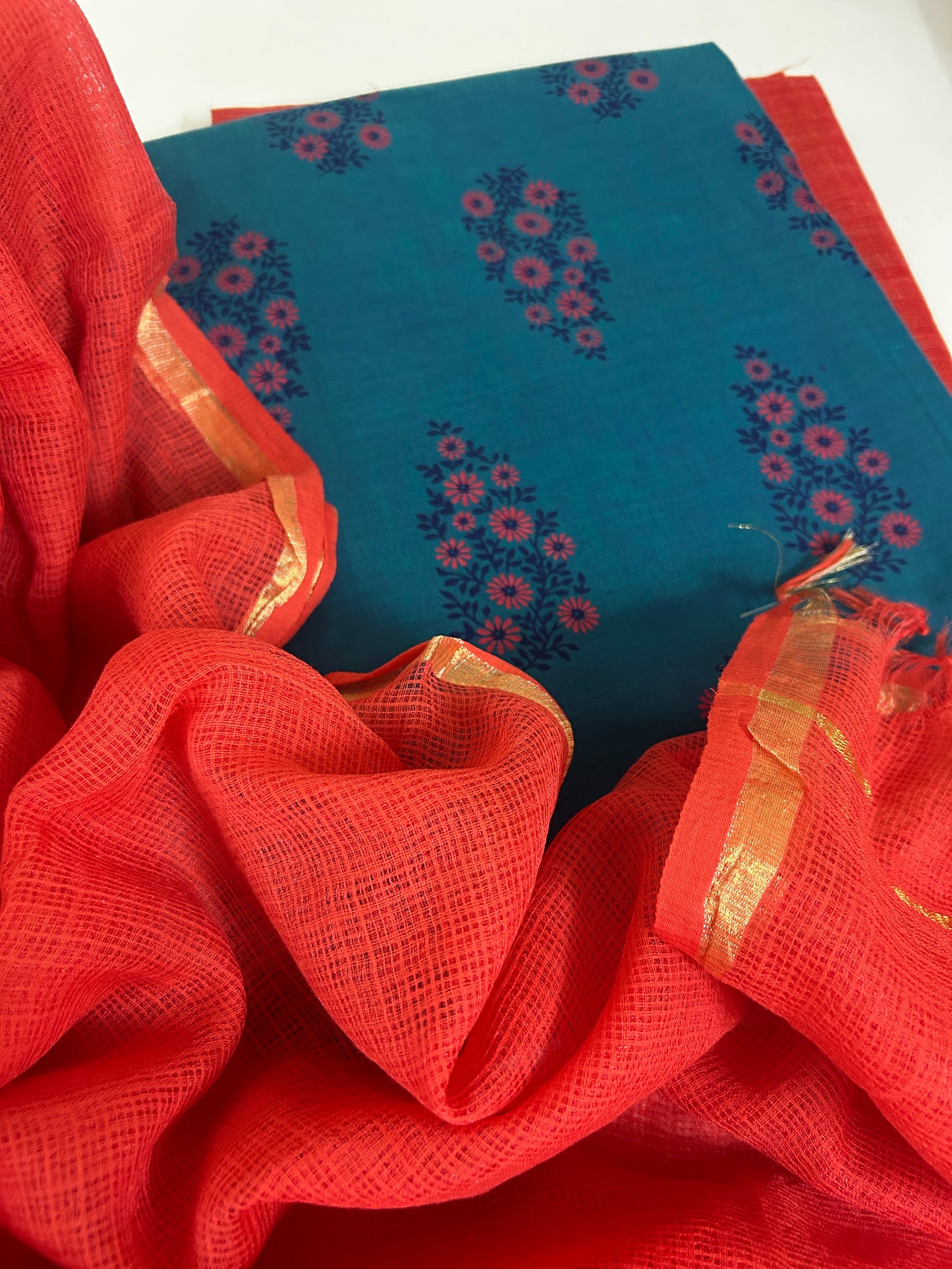 Premium Double Shade Handloom Handblock Cotton Kurta Fabric with Bottom & Pure kota Doria Dupatta
