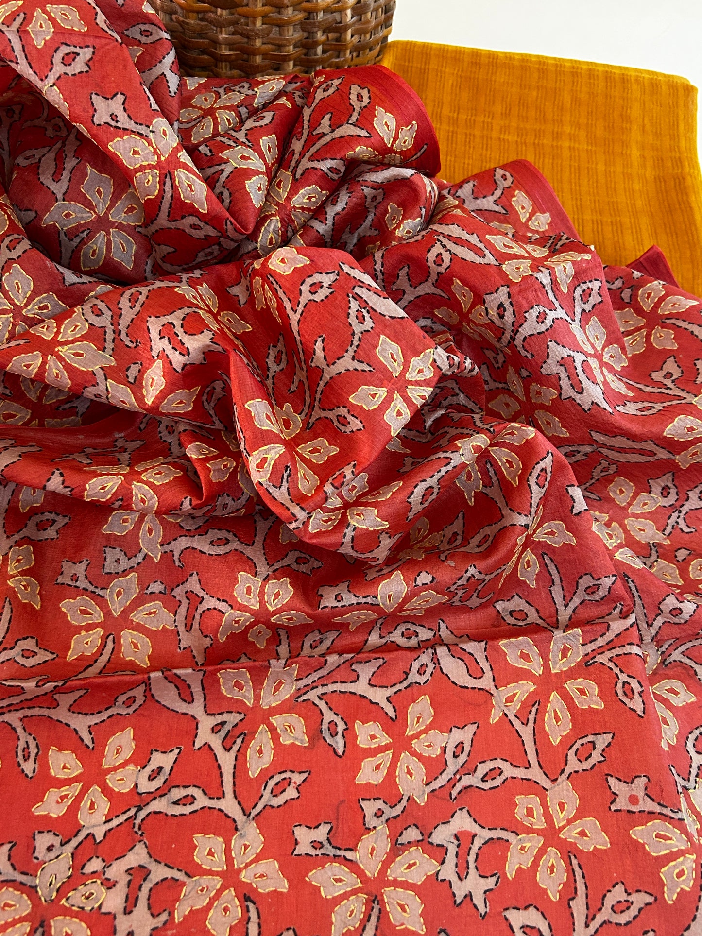 Kesariya Chanderi Silk Zari Weave Kurta Set with Tussar Kantha Dupatta