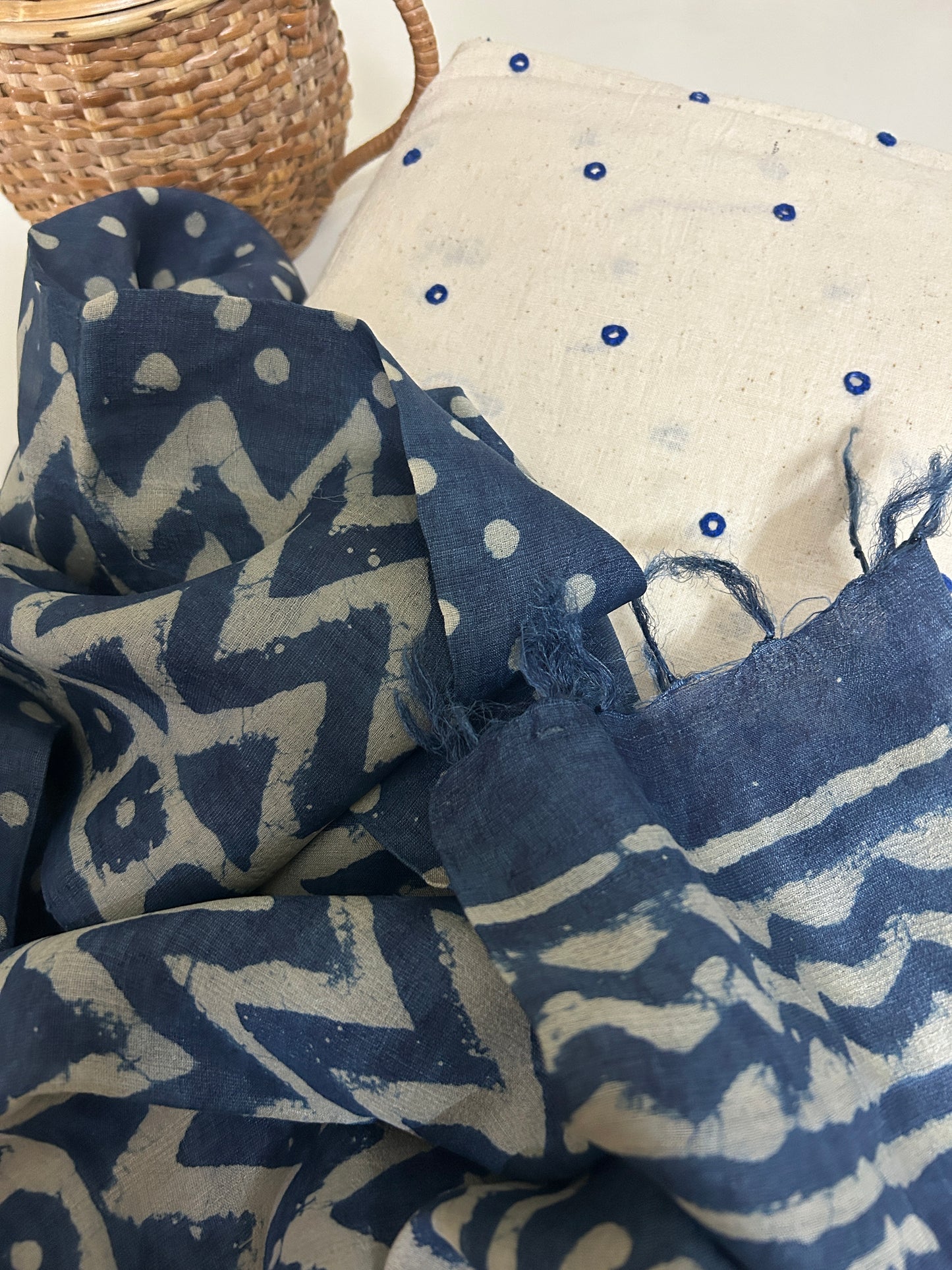 Tussar Silk Indigo Natural Dye Dupatta with Kala Cotton Mirror Work Kurta Set