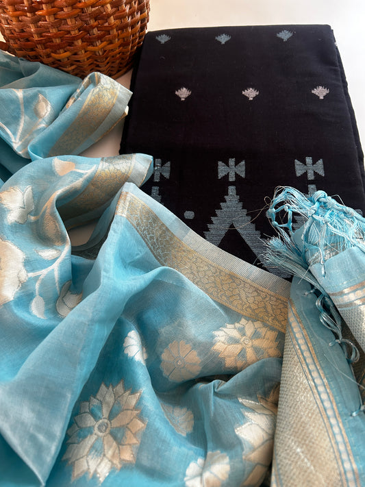 Black Opal - Pure Handloom Cotton Suit with Cotton Silk Zari Dupatta