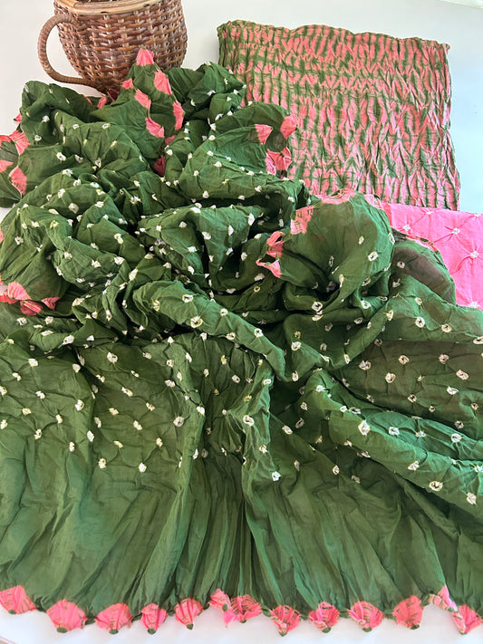 Green & Pink Leheriya Bandhani Cotton Suit Fabric Set
