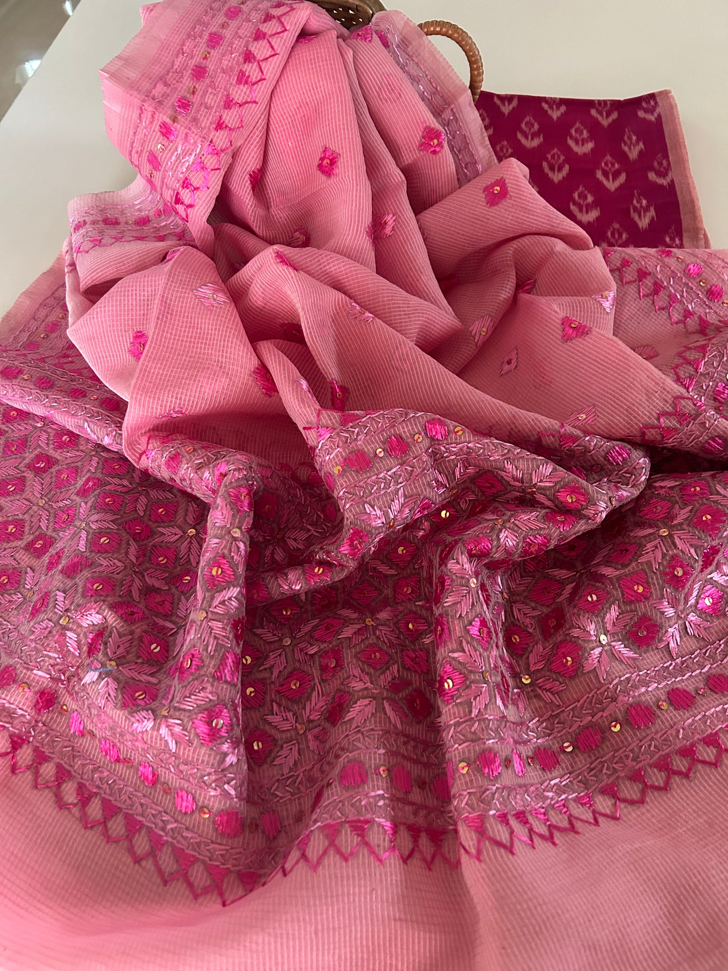 Phulkari Kota Doria Dupatta with Ikat Cotton Kurta