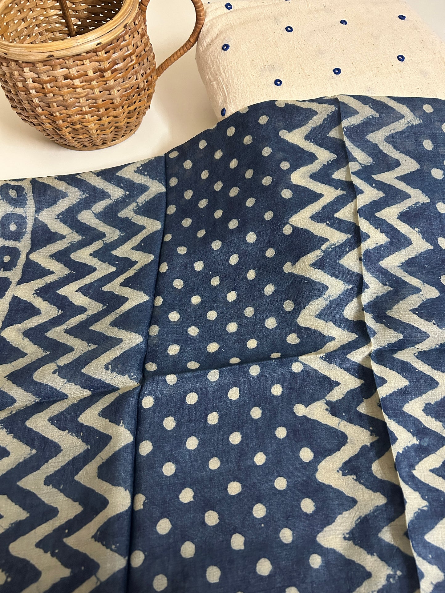 Tussar Silk Indigo Natural Dye Dupatta with Kala Cotton Mirror Work Kurta Set