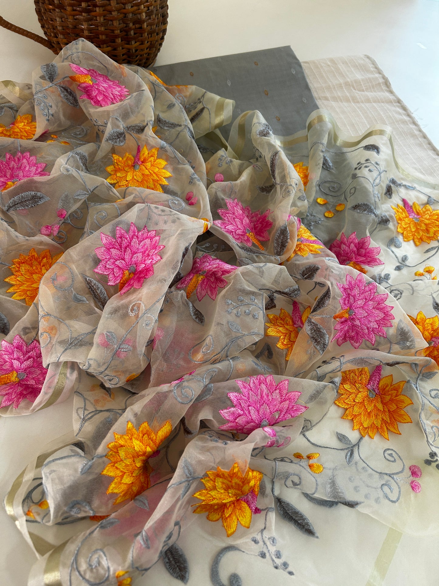 Misty Blooms | Ivory Grey Organza Dupatta with Silk Cotton Kurta Set