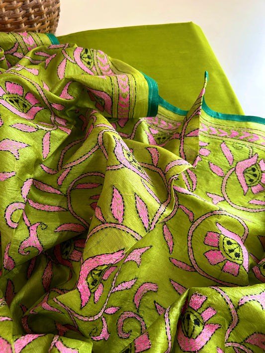Kantha Tussar Silk Dupatta in Lime Olive & Dusty Pink with Silk Kurta Set