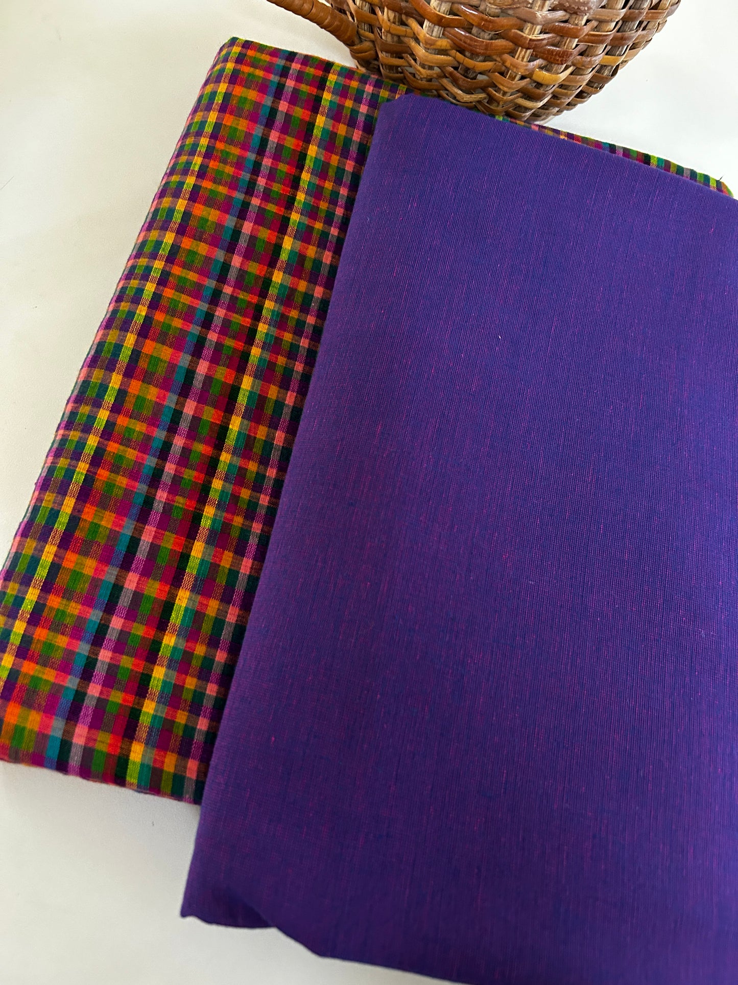 Premium Handloom Cotton Kurta Set Material - Purple with Multicolor Micro Checks