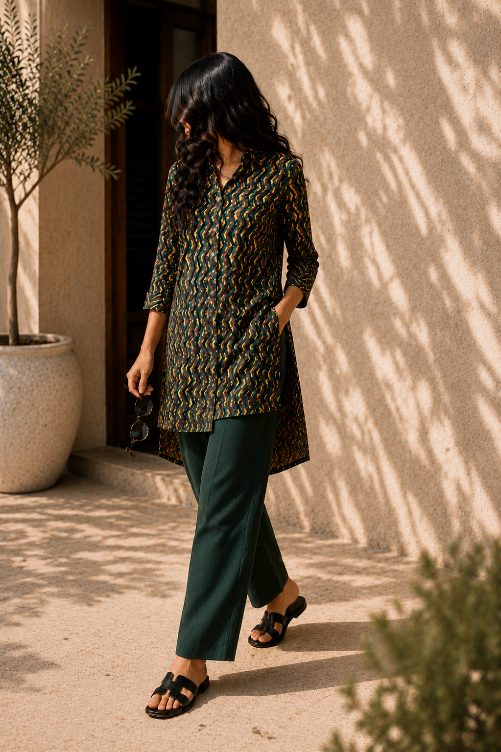 Natural Dyed Hand Block Chevron Cotton Kurta with Bottle Green Bottom