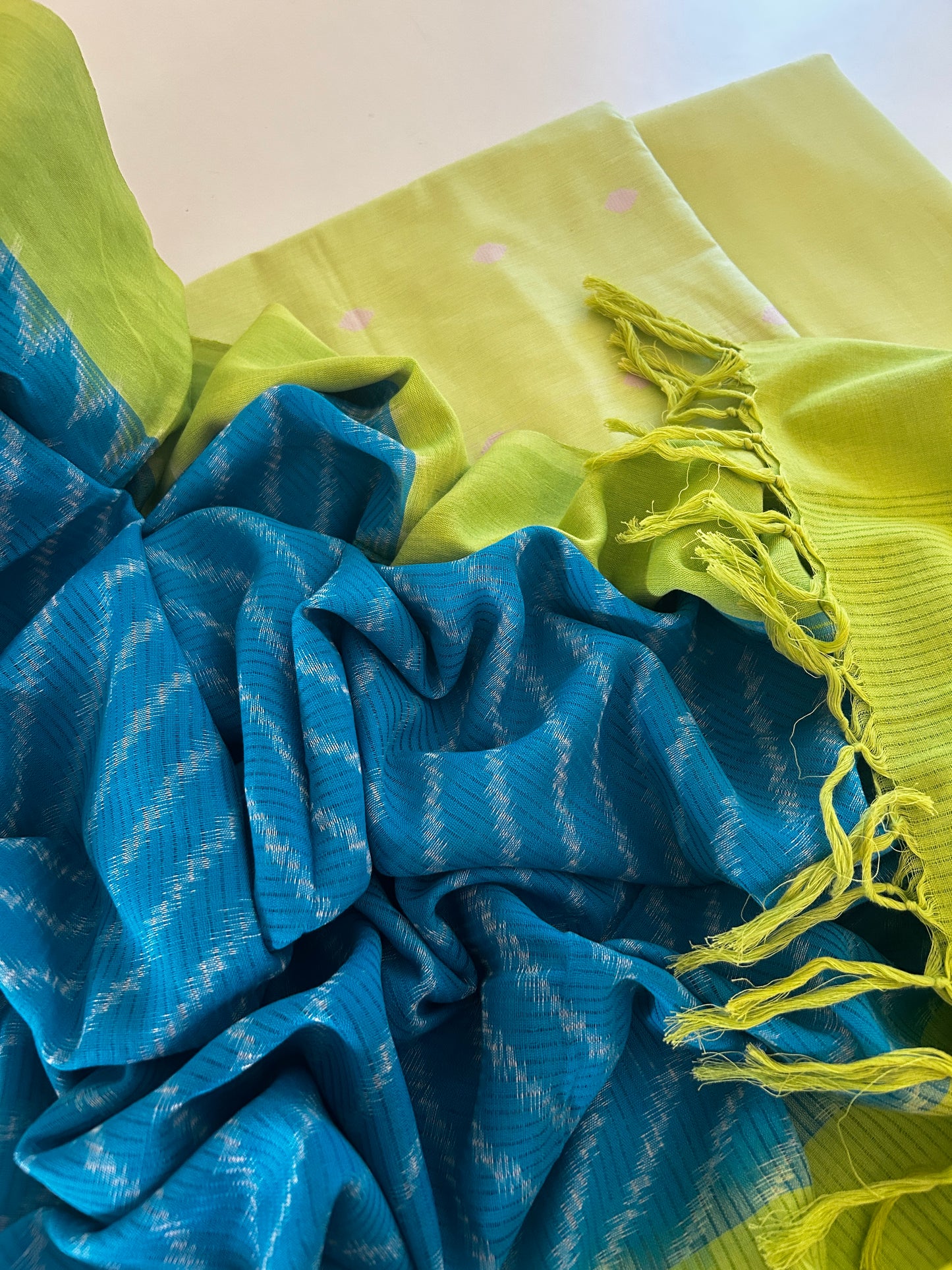 Lime Green Handloom Cotton Kurta & Bottom Set with Blue Ikat Dupatta
