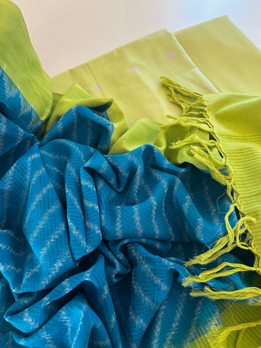 Lime Green Handloom Cotton Kurta & Bottom Set with Blue Ikat Dupatta