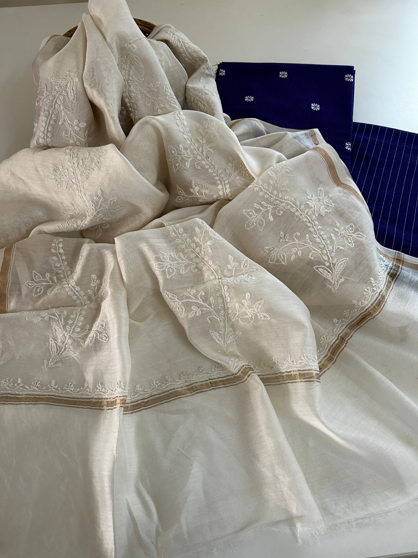 Handmade Chikankari Pure Chanderi Silk Dupatta with Premium Handloom Cotton Kurta & Bottom – Purple Blue