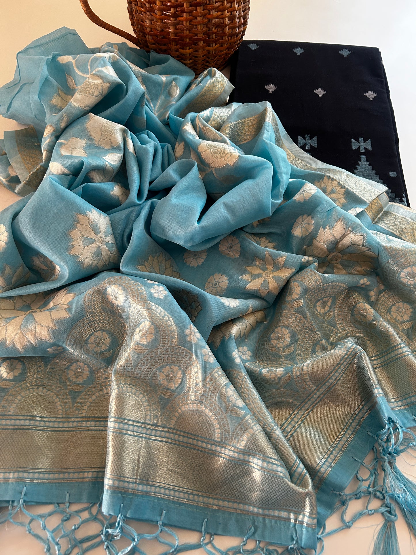 Black Opal - Pure Handloom Cotton Suit with Cotton Silk Zari Dupatta