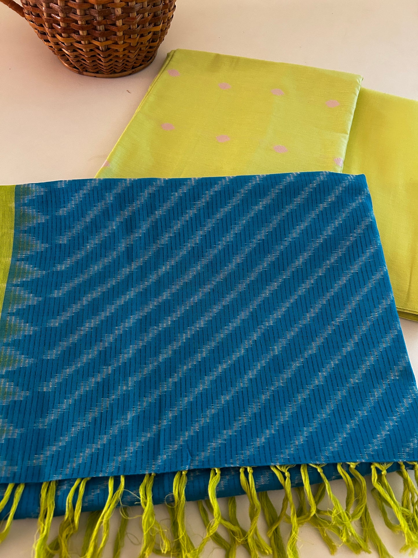 Lime Green Handloom Cotton Kurta & Bottom Set with Blue Ikat Dupatta