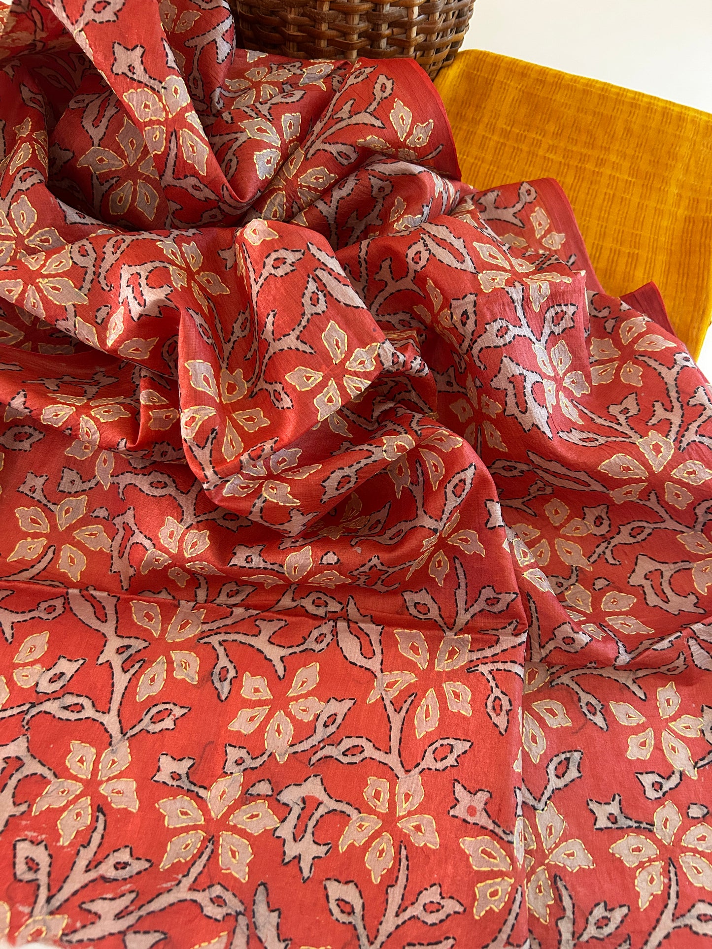 Kesariya Chanderi Silk Zari Weave Kurta Set with Tussar Kantha Dupatta