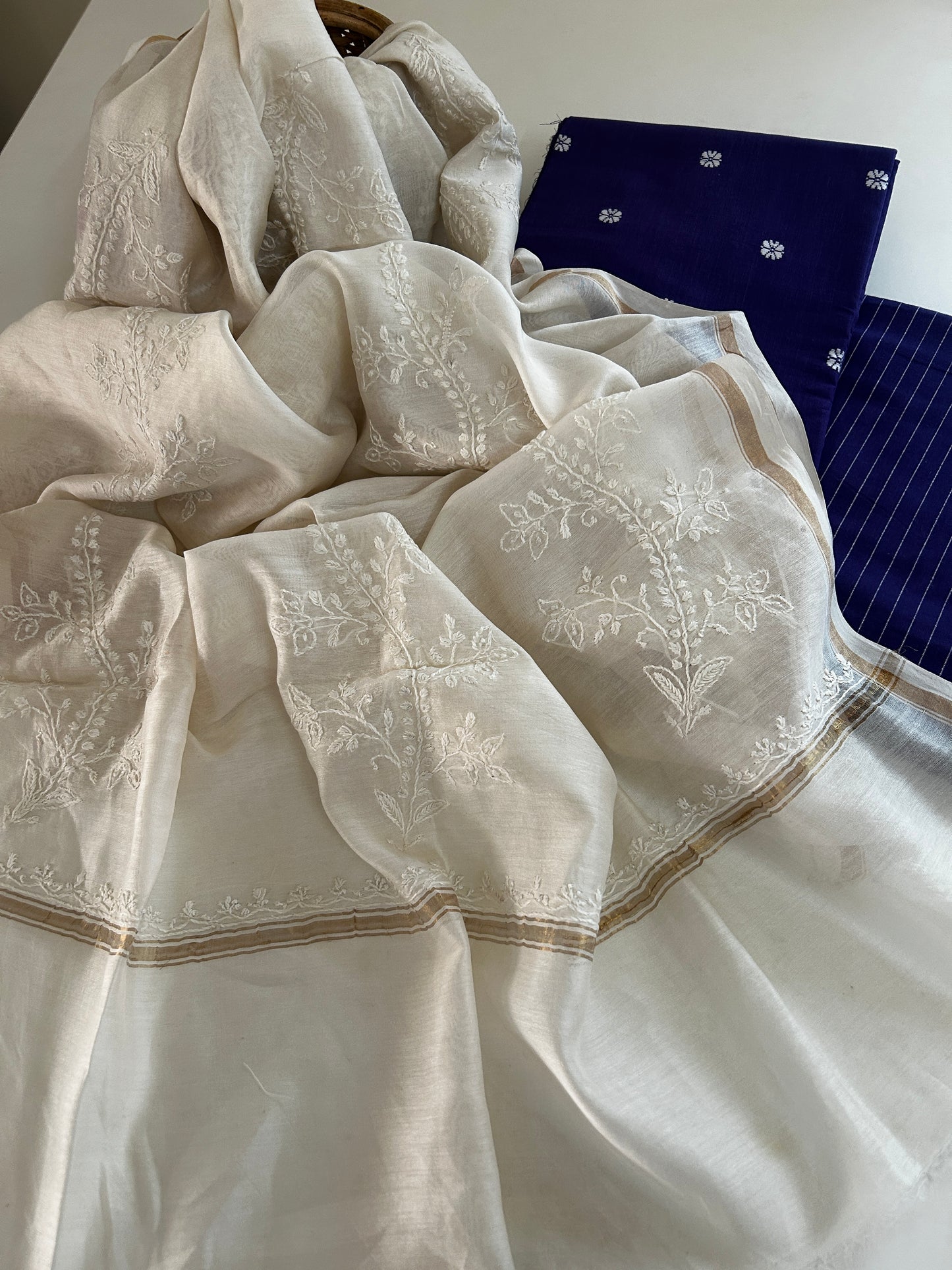 Handmade Chikankari Pure Chanderi Silk Dupatta with Premium Handloom Cotton Kurta & Bottom – Purple Blue