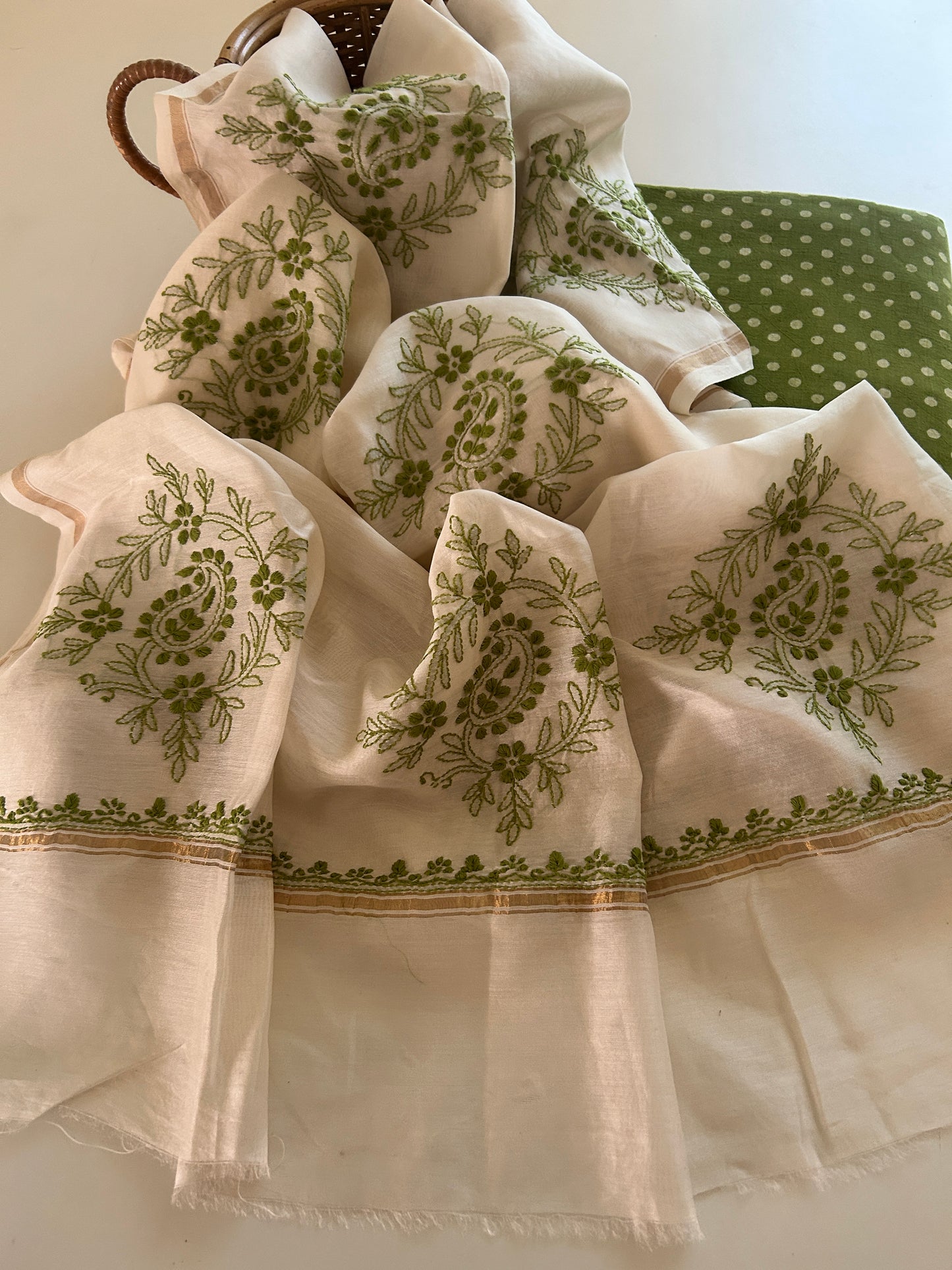 Chikankari Chanderi Silk Dupatta with Natural Dye Slub Cotton Kurta Set