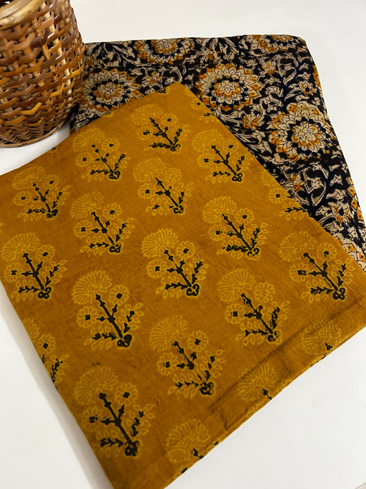 Natural Dyed Handblock Cotton Kurta with Kalamkari Bottom – Mustard Yellow