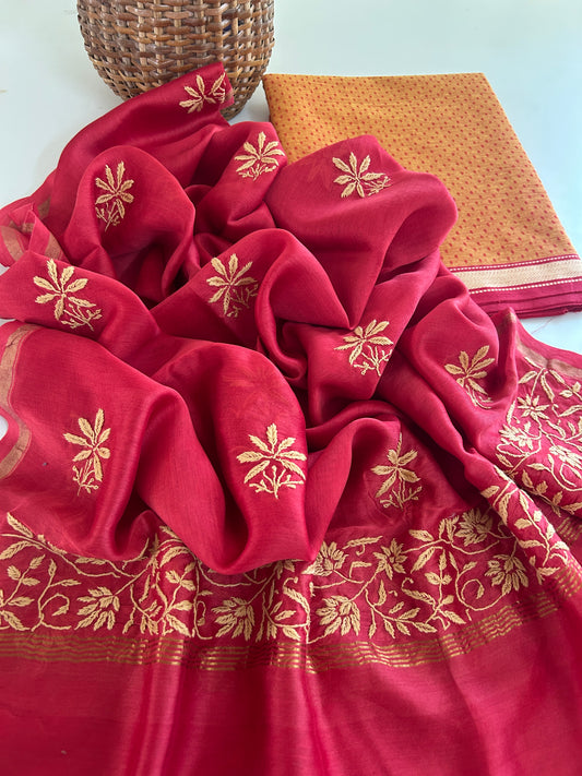 Chikankari Dupatta in Ruby Red Chanderi Silk with Mustard Gold Khun Handloom Cotton Kurta Set