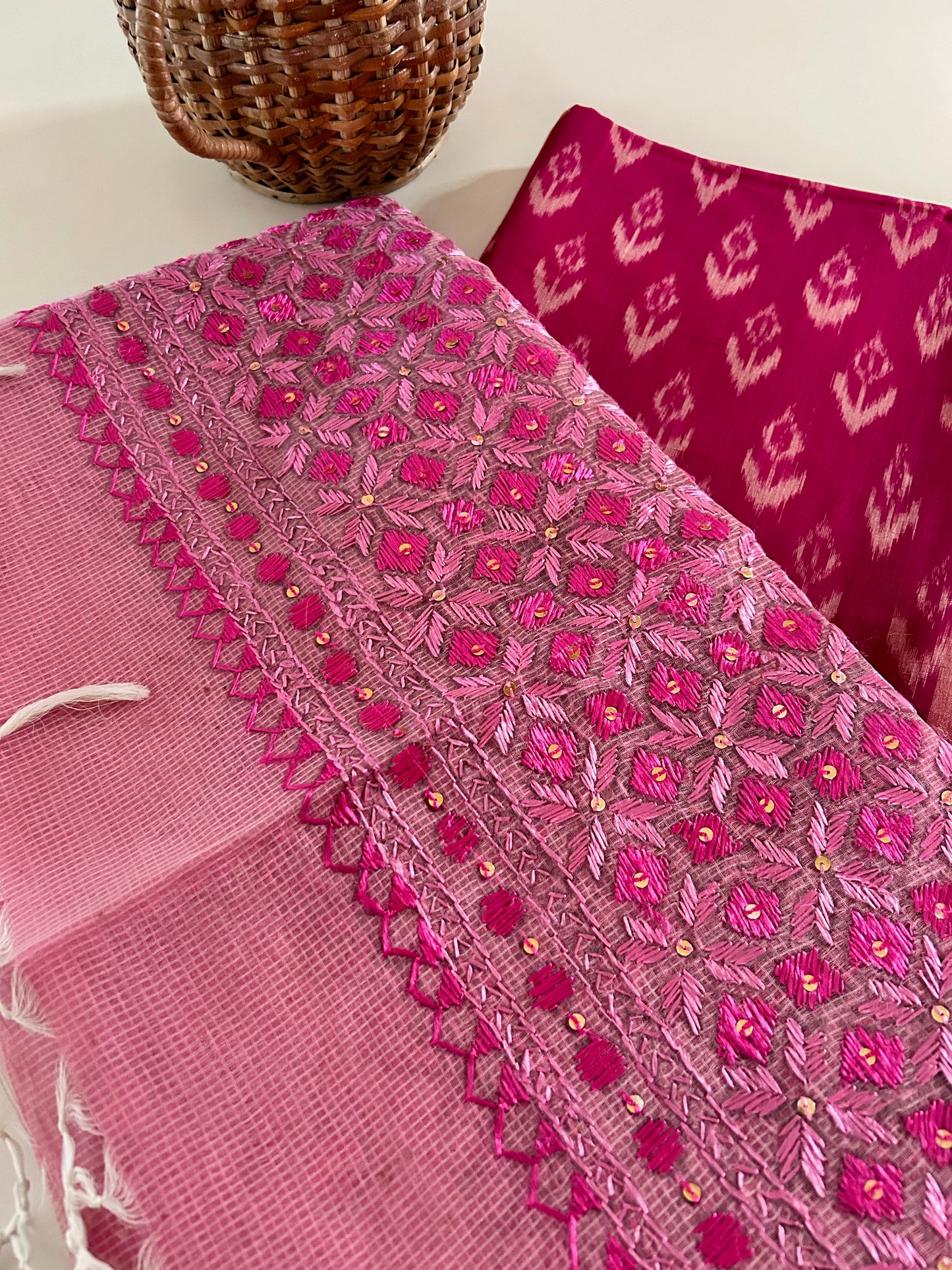 Phulkari Kota Doria Dupatta with Ikat Cotton Kurta