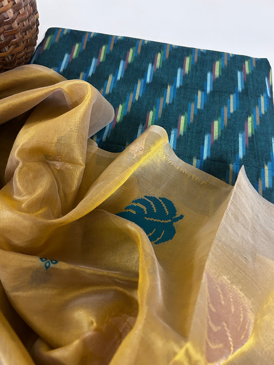 Teal Handloom Ikat Cotton kurta paired with a Golden Silk Cotton Dupatta
