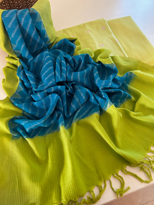 Lime Green Handloom Cotton Kurta & Bottom Set with Blue Ikat Dupatta