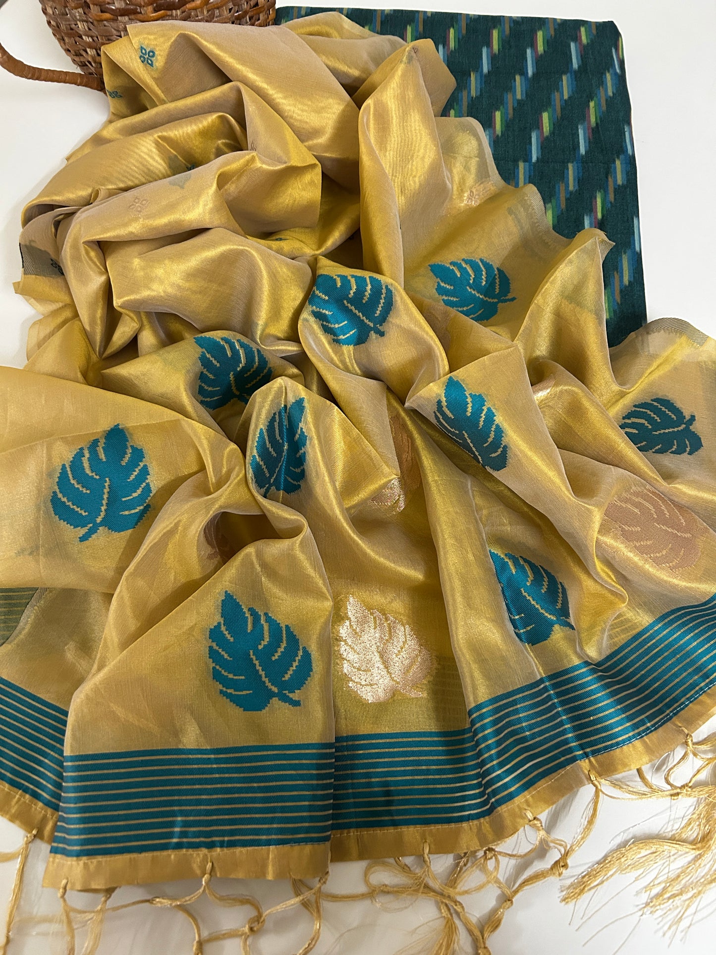 Teal Handloom Ikat Cotton kurta paired with a Golden Silk Cotton Dupatta