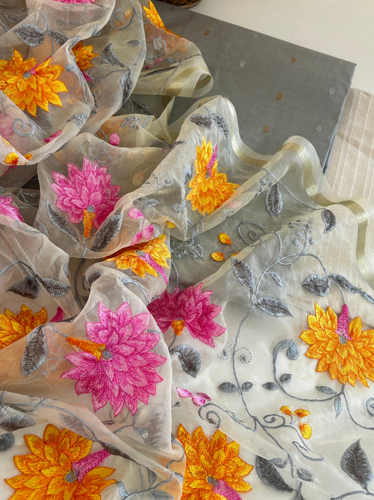 Misty Blooms | Ivory Grey Organza Dupatta with Silk Cotton Kurta Set