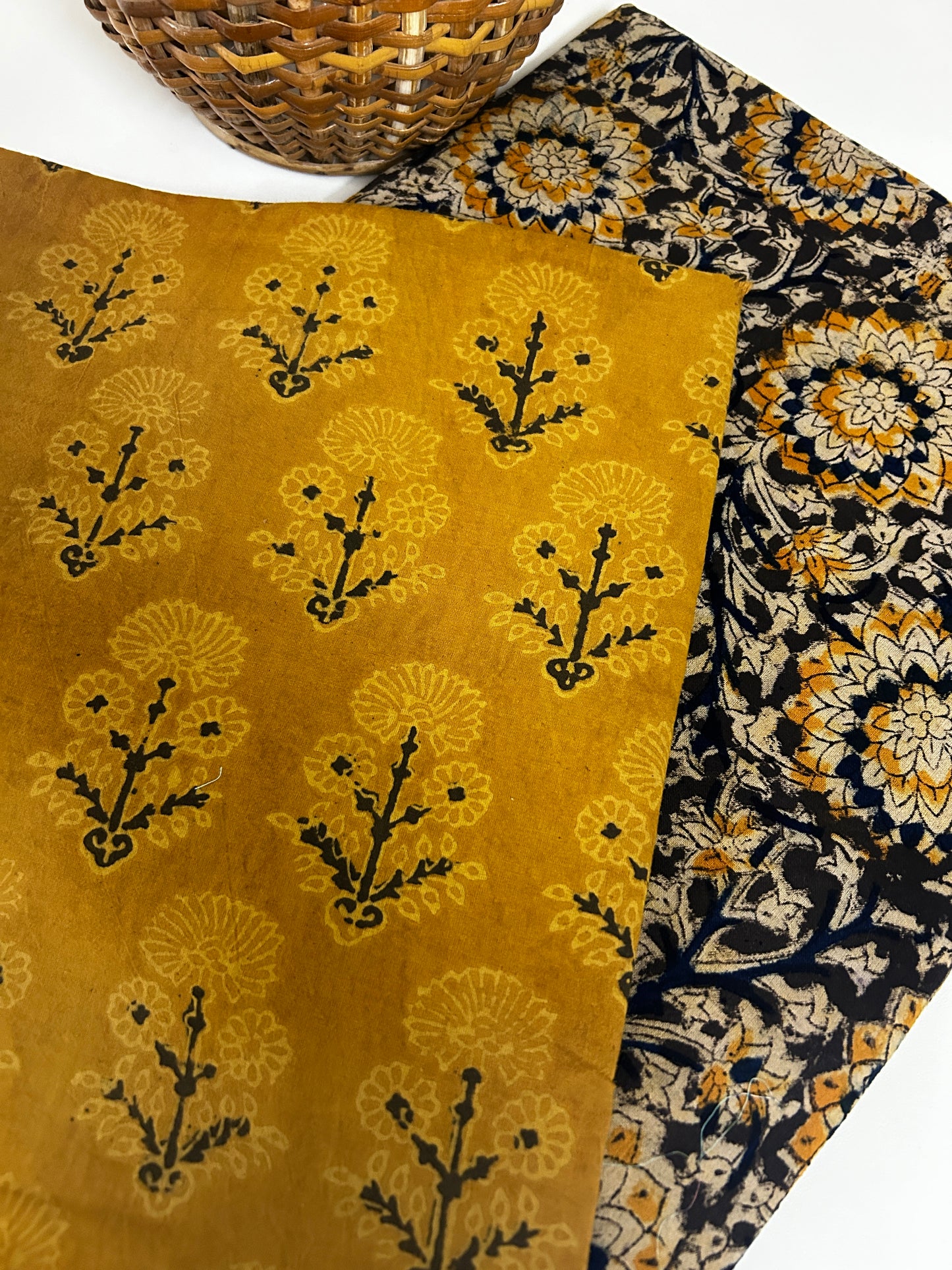 Natural Dyed Handblock Cotton Kurta with Kalamkari Bottom – Mustard Yellow