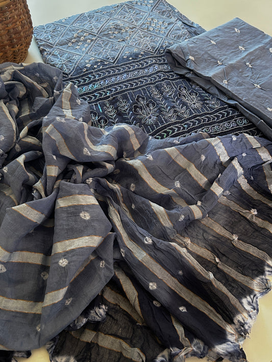 Slate Blue Mul Cotton Bandhani Kurta Set with Leheriya Stole