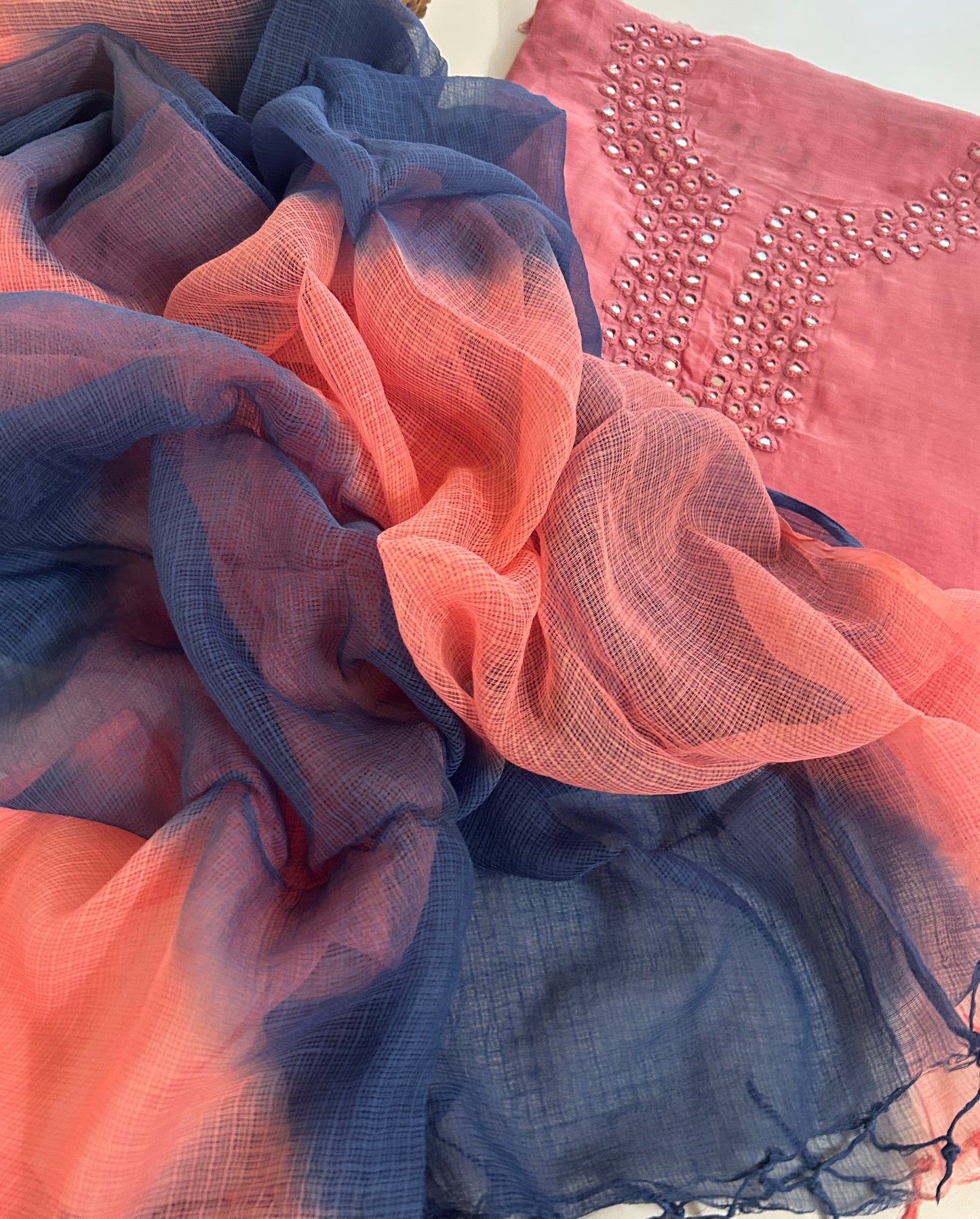 Unstitched Chanderi Silk Suit Set with Handmade Mirror Work