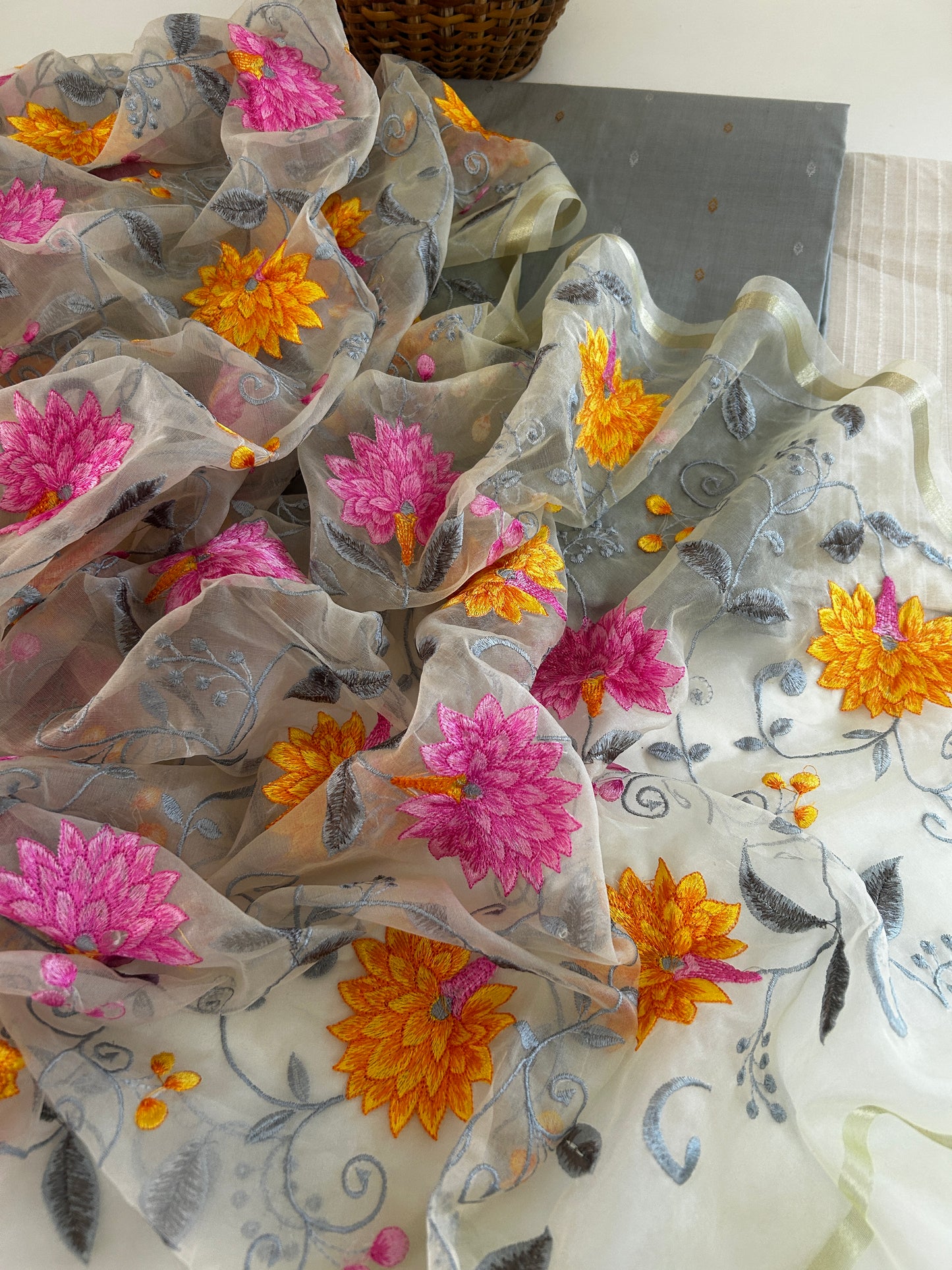 Misty Blooms | Ivory Grey Organza Dupatta with Silk Cotton Kurta Set