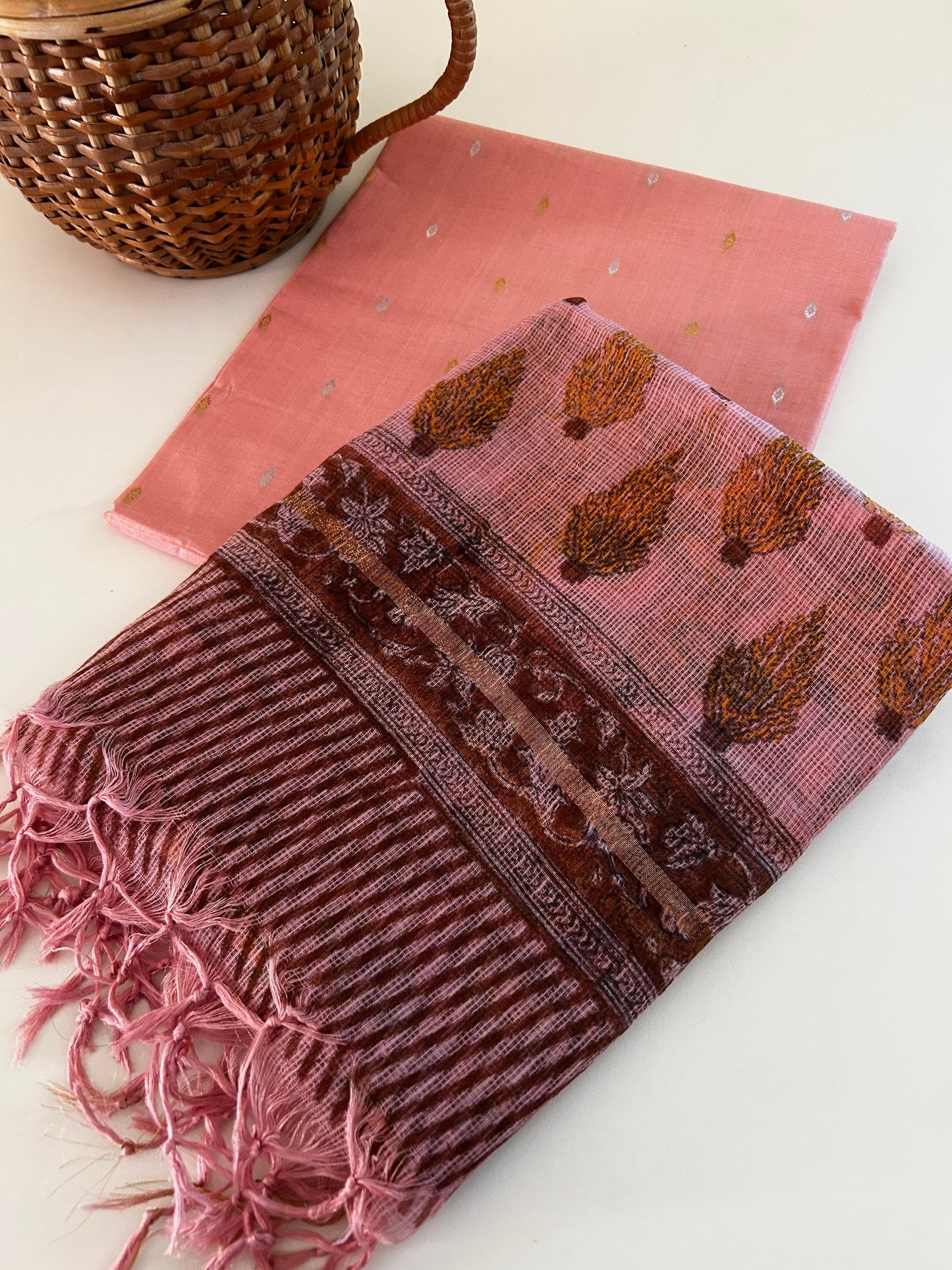 Soft Peach Handloom Cotton Silk Suit Set with Kota Doria Dupatta
