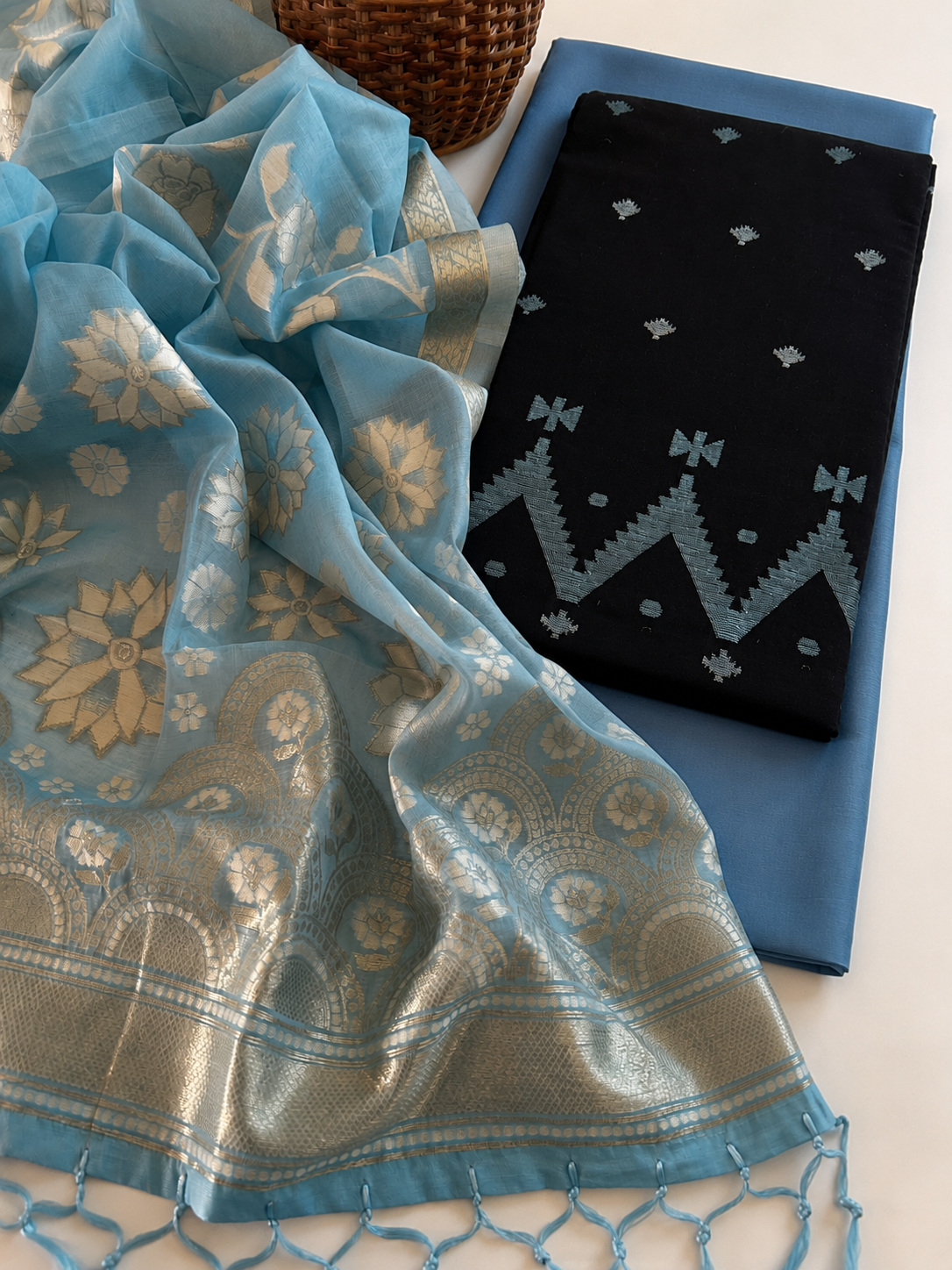 Black Opal - Pure Handloom Cotton Suit with Cotton Silk Zari Dupatta