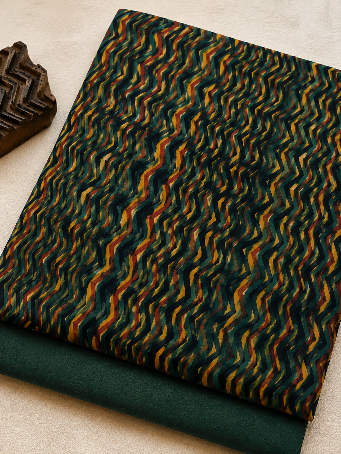 Natural Dyed Hand Block Chevron Cotton Kurta with Bottle Green Bottom